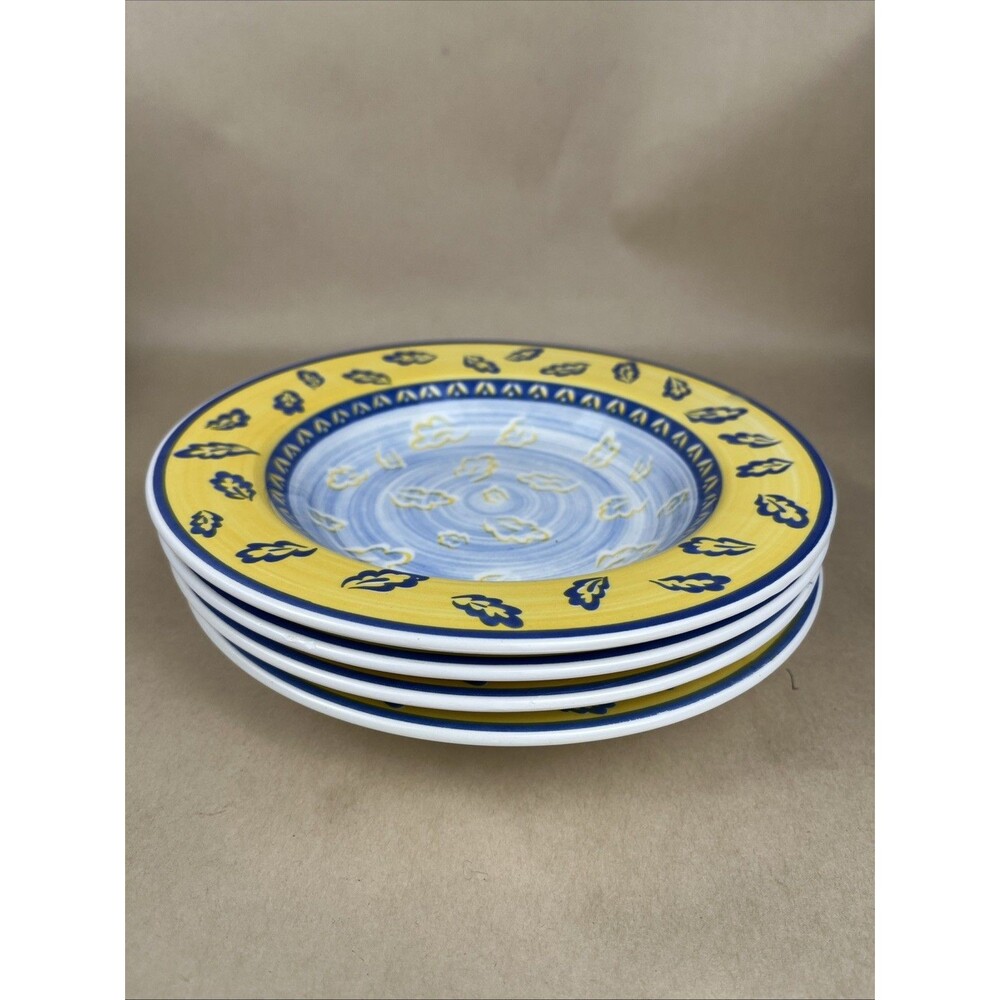 Set Of 4 Quadrifoglio Blue & Yellow Leaf‎ Pattern Bowls 8 3/4” Made in Italy